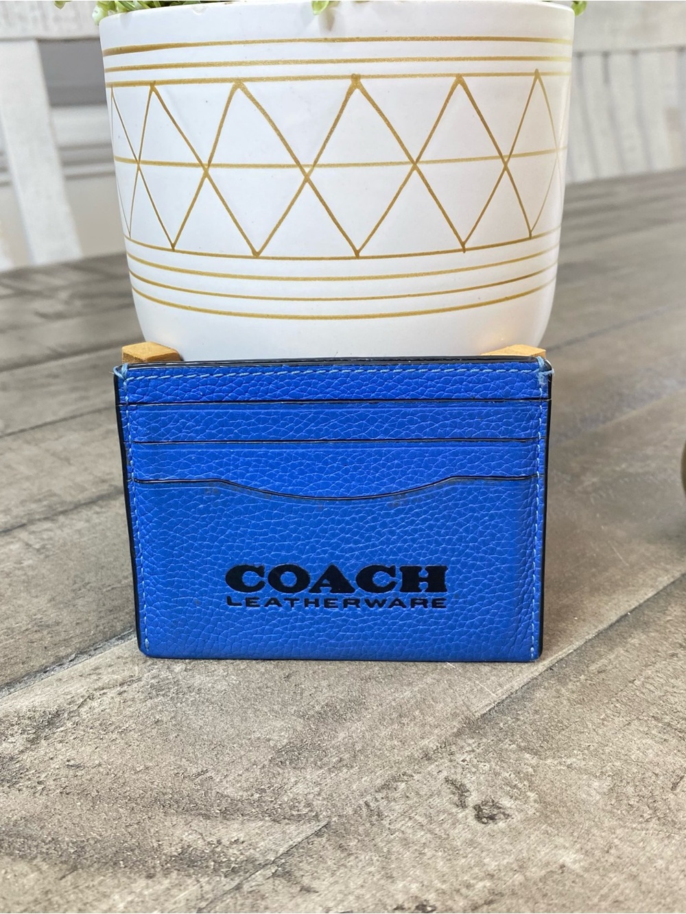 COACH Leatherware Flat Card Case Pebble Leather Blue Wallet Slim Minimalist